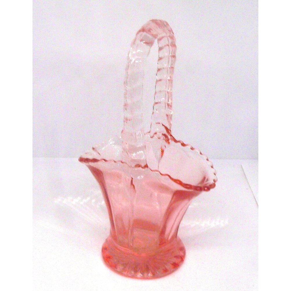 Rare Vintage Pink Depression Glass Basket with Scalloped Edges & Twisted Handle